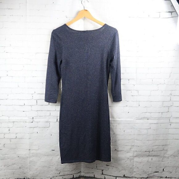 EXPRESS DARK BLUE CUT OUT  SPARKLY STRETCH LONG SLEEVE MIDI DRESS SIZE SMALL - Picture 7 of 8